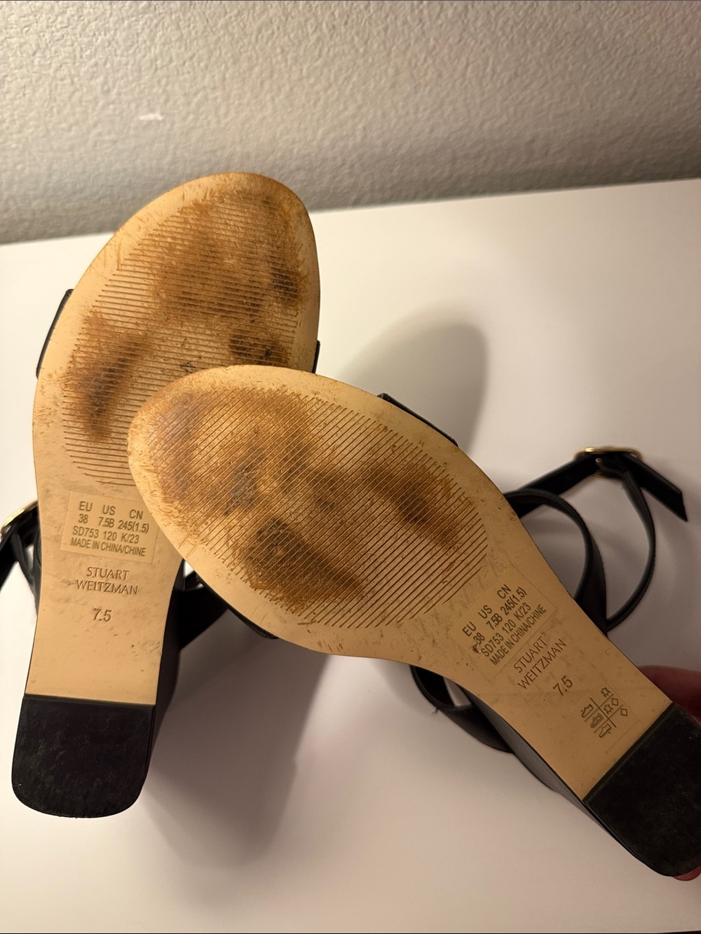Stuart Weitzman Black Avenue 75 Leather Wedge Sandal 7.5 - Picture 11 of 12